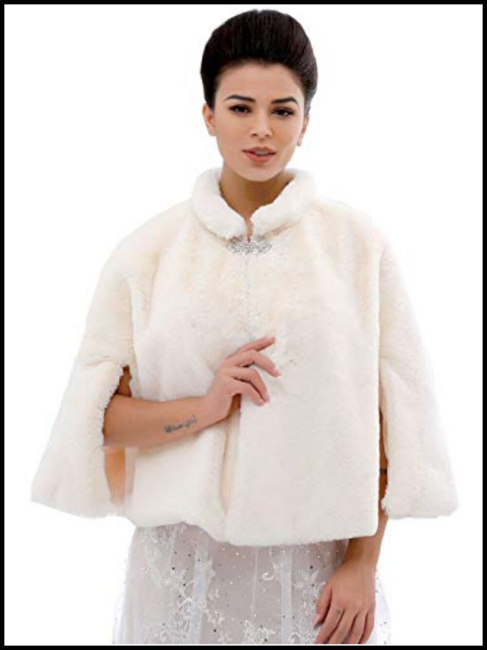 Faux Fur Bridal Wrap Stole Shrug Cape with Rhinestone Brooch